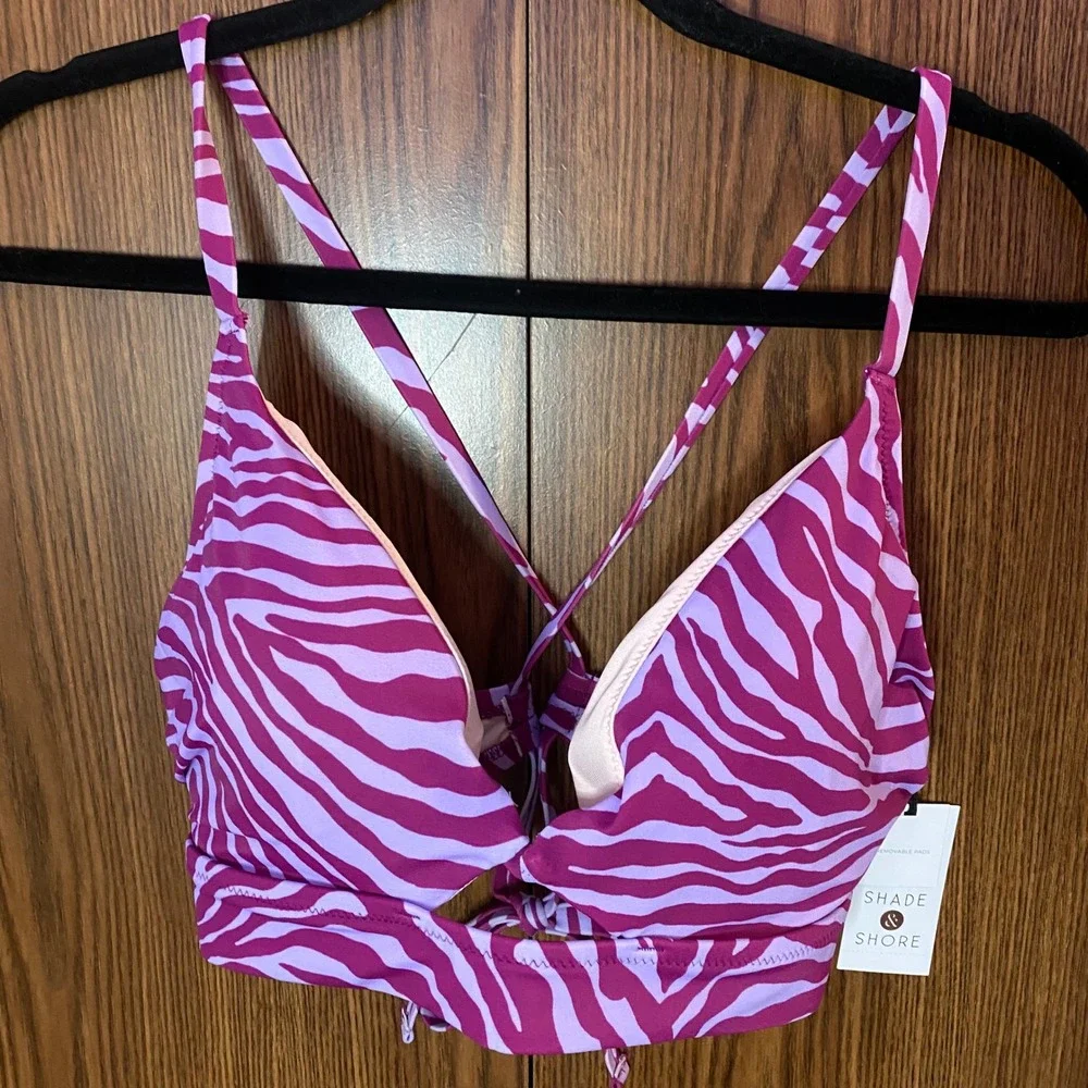 Shade & Shore Bikini Top Womens 36C Purple Zebra Print Cutout Longline Swimwear